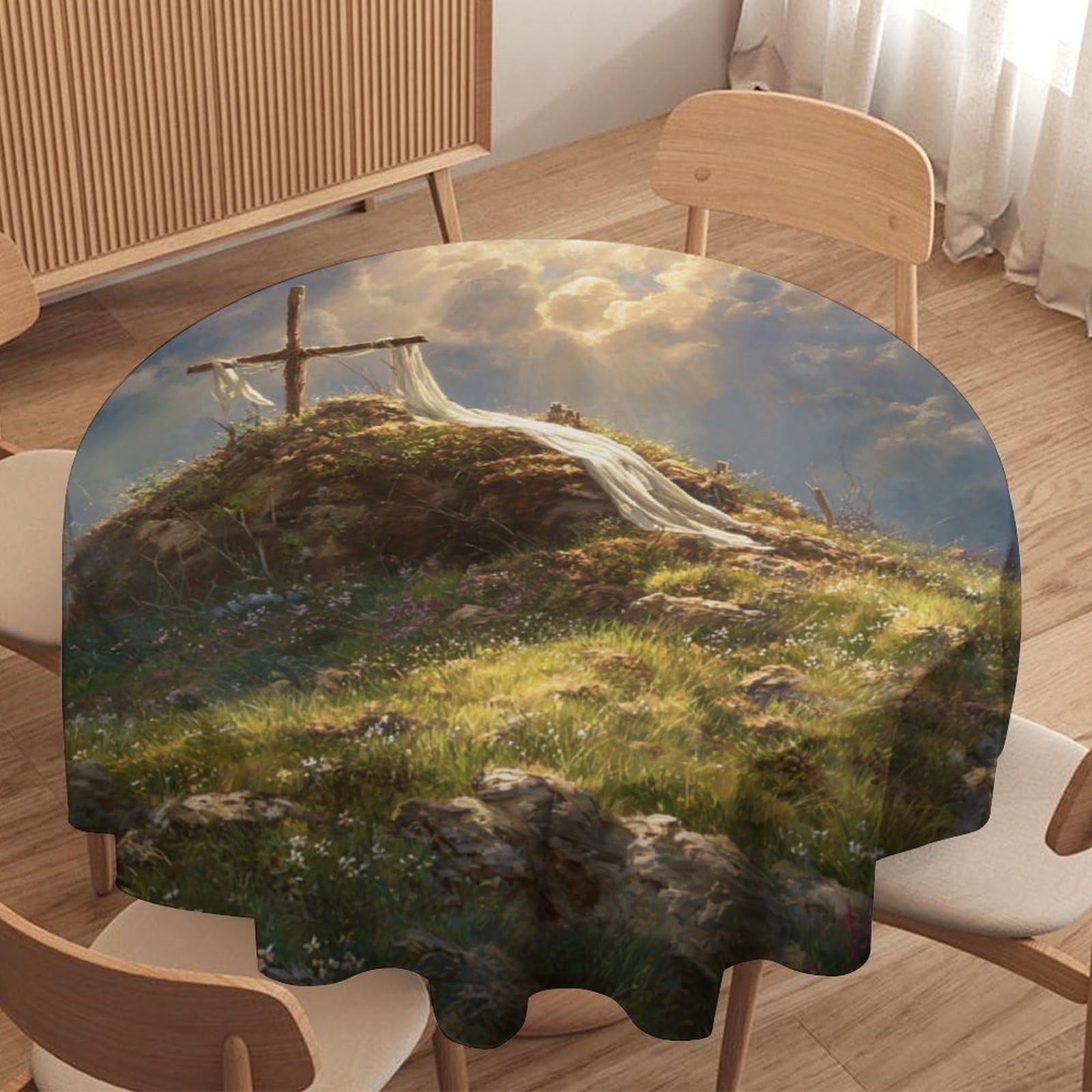 LUYYSKY Modern Watercolor Crosses Round Tablecloth Vintage Colorful Sunrise Landscape Easter Cross Flowers Print Washable Decor for Table Cover for Kitchen-177.8" Wx177.8 L cm