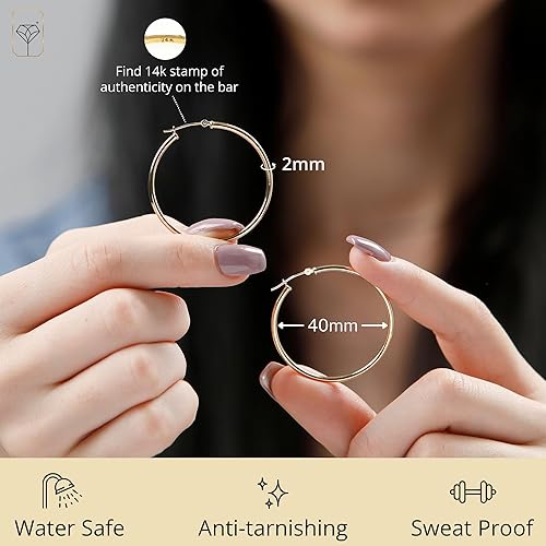 Miniatura 3 de Aretes de aro de oro macizo de 14 quilates para mujer, aretes de aro de oro amarillo o blanco de 14 quilates, aretes de oro real de 14 quilates con