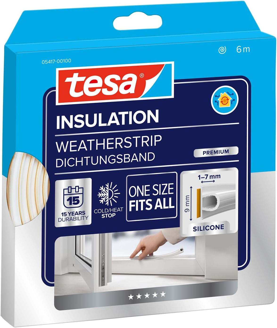 tesa INSULATION Weatherstrip Premium - Sealing Tape - Self-adhesive Silicone Seal for Insulating gaps on windows and doors - White - 6 m x 9 mm x 7 mm