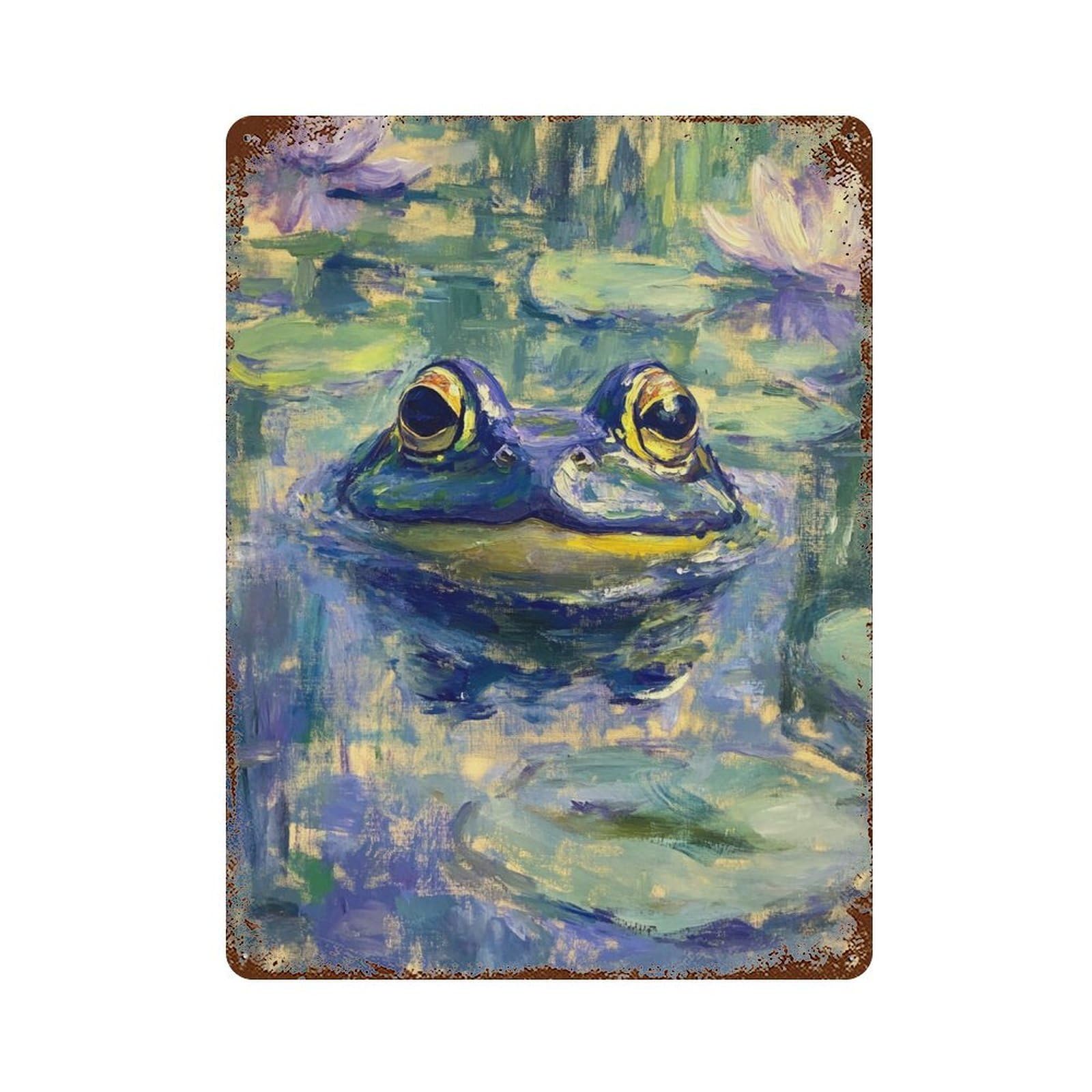 Decorative Tin Sign with Frog in Lily Pond Painting Design 15.7"x11.8", for Farmhouse, Kitchen And Entryway Decor, Old School Wall Decor