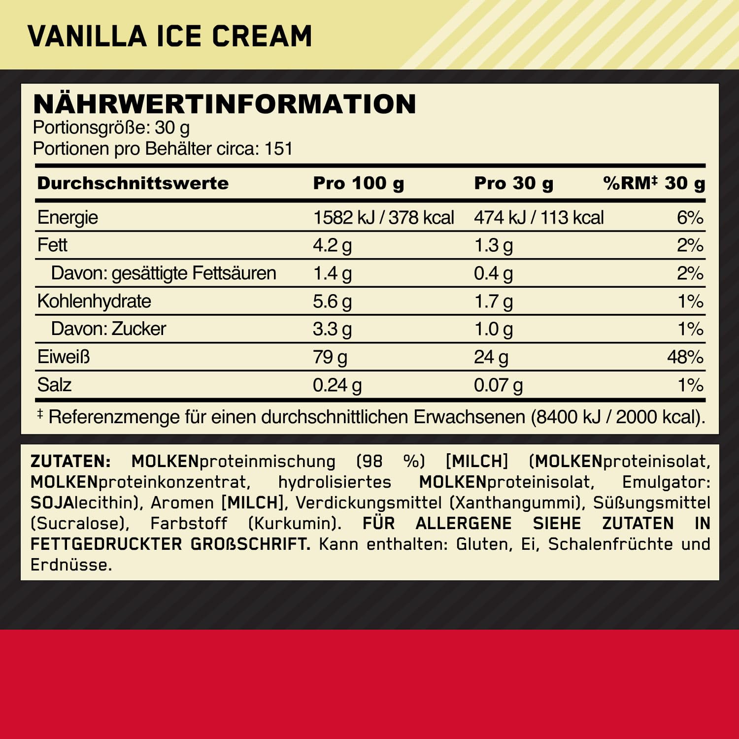 Optimum Nutrition Gold Standard 100% Whey, Proteinpulver, Geschmack Vanilla Ice Cream, 4.53kg, 151 Portionen