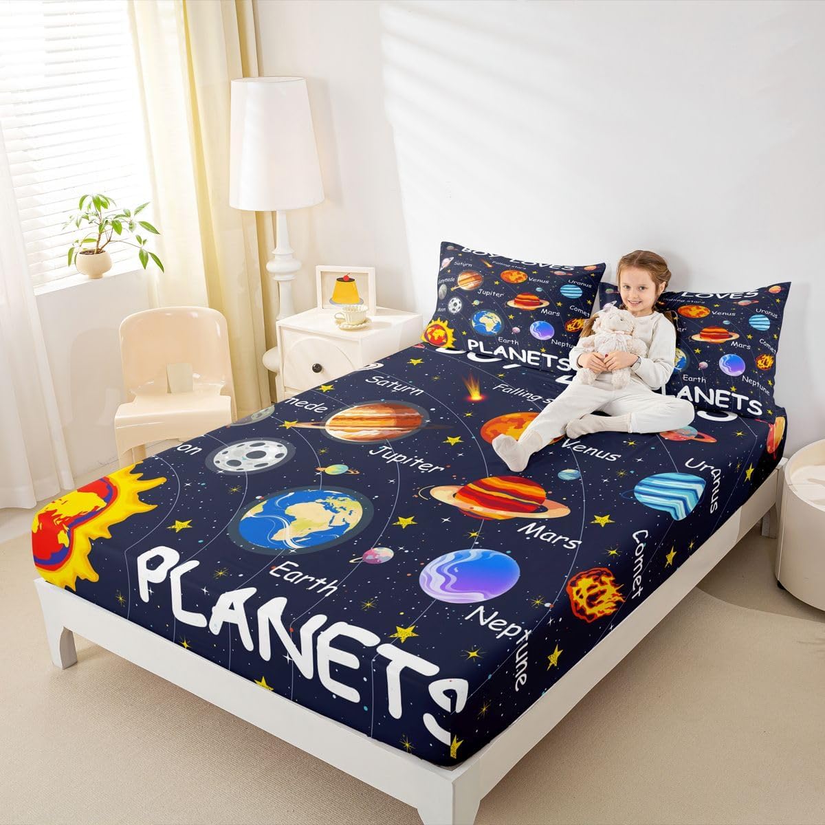 Feelyou Kids Solar System Sheet Set King Size Outer Space Bed Sheets Set for Boys Girls Teens Bedroom Decor Universe Planets Sheets with Deep Pocket Fitted Sheet Women Men Galaxy with 2 Pillow Case