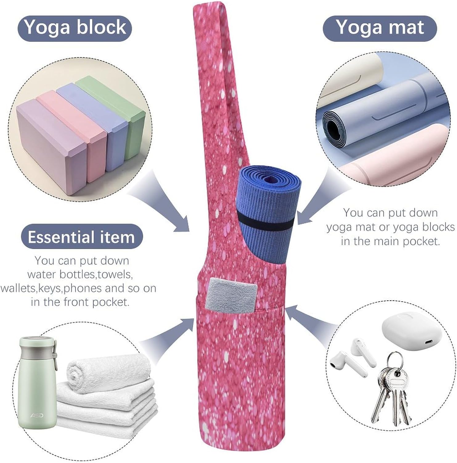 Sparkling Pink Glitter Canvas Yoga Mat Bag Yoga Mat Carrier image 5