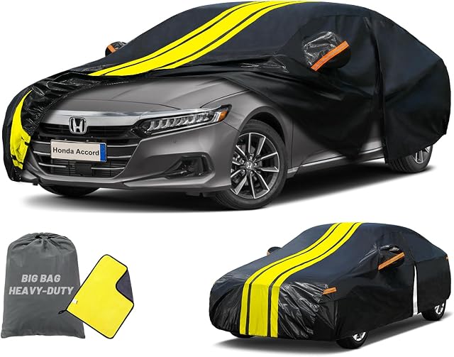 New Upgraded Heavy Duty Car Cover Custom Fit for Toyota Camry,Honda Accord Waterproof All Weather for Automobiles, Full Exterior Covers Rain Sun Protection.Black Gold