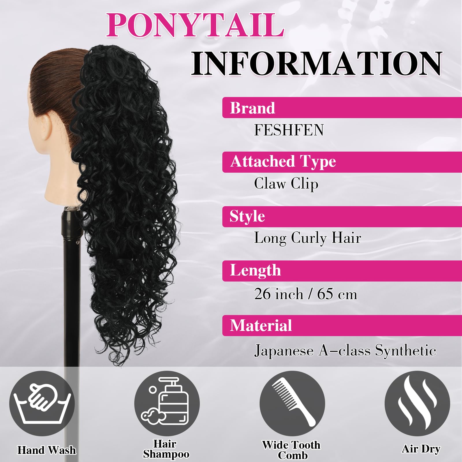 FESHFEN Coletas Postizas Rizado con Pinza - Coleta Postiza Pelo Negro Natural Ondulado Larga Ponytail Clip de Extensiones de Cabello Sintético Cola Postizos para Mujeres, 65 cm