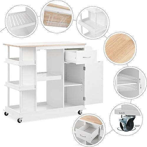 Miniatura 8 de Livavege Carrito de cocina multiusos con gabinete de almacenamiento, cajón, estante ajustable y gancho lateral, isla de cocina rodante sobre 5