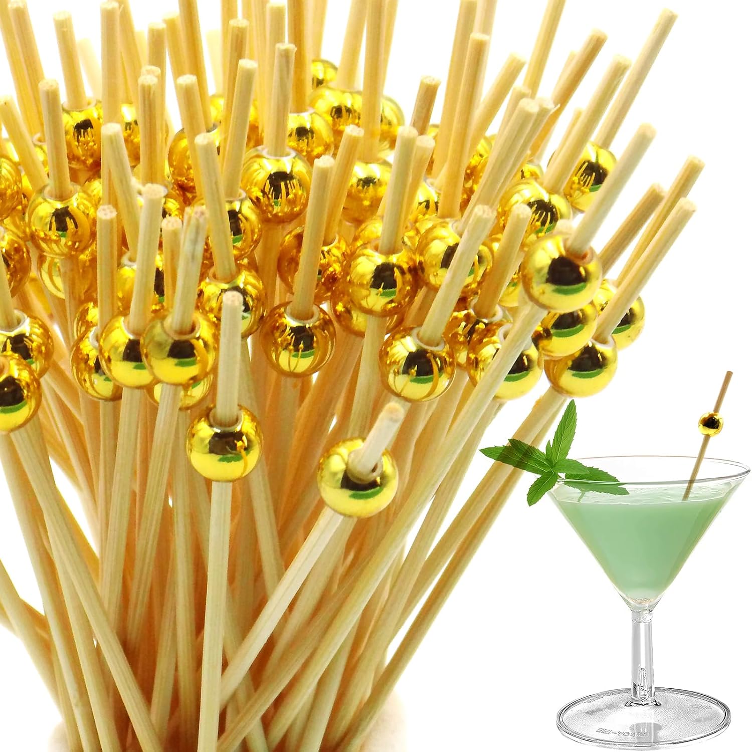 100PCS Cocktail Picks 4.7 Inch, Fancy Bamboo Toothpicks for Appetizers, Gold-Topped Skewers for Charcuterie Board, Fruits, Party Food, and Drinks Decorations (Golden)