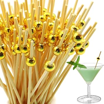 100PCS Cocktail Picks 4.7 Inch, Fancy Bamboo Toothpicks for Appetizers, Gold-Topped Skewers for Charcuterie Board, Fruits, Party Food, and Drinks Decorations Golden
