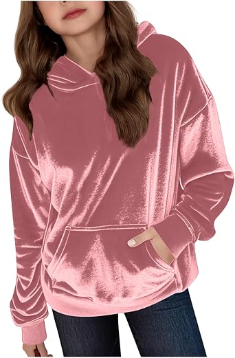 Girls Velvet Hoodies Solid Color Hooded Sweatshirts Kids Long Sleeve Velour Pullover Tops with Pocket 4-15 Years