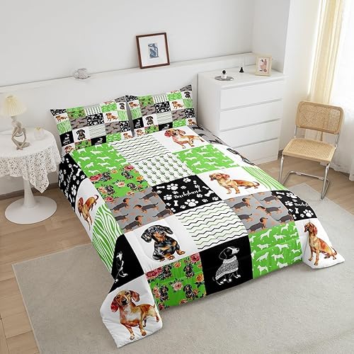 Miniatura 4 de Erosebridal Bonito juego de edredón de perro salchicha para niños y niñas, juego de ropa de cama de perros verdes coloridos para regalo para amantes