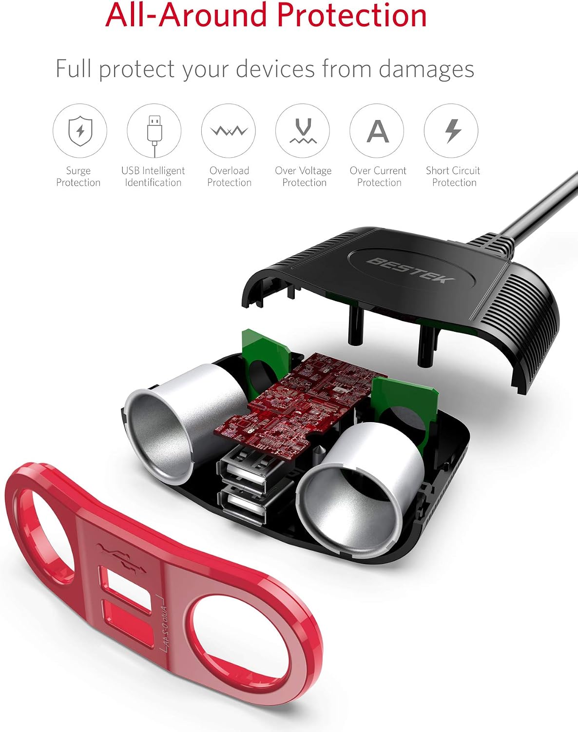 BESTEK 150W 2-Socket Cigarette Lighter Splitter Power Adapter DC Outlet Car Charger Splitter Dual 2.4A USB Car Cigarette Splitter with 26 Inches Cord for Cellphone GPS Dash Cam(Red)