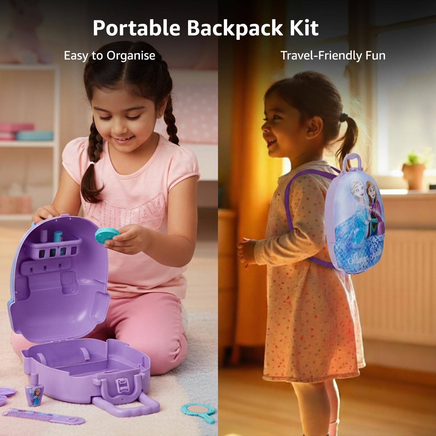 Amazon Brand - Jam & Honey Frozen-Themed Dressing Set in Backpack | Pretend Play Fashion Kit for Kids | Portable, Skill-Building & BIS Certified 2
