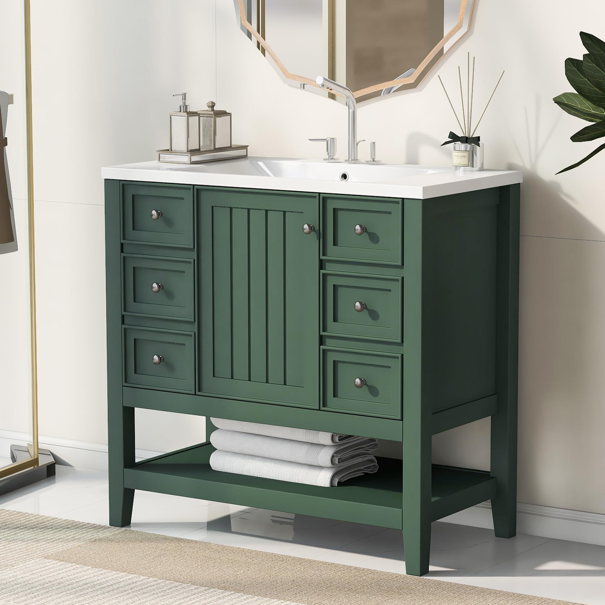 Favfurish 36" Bathroom Vanity with Ceramic Sink,Undermount Single Basin Bath Vanity Set w/Soft-Close Door and 3 Drawers,Modern Freestanding Storage Cabinet w/Open Shelf,Solid Wood Frame,Green
