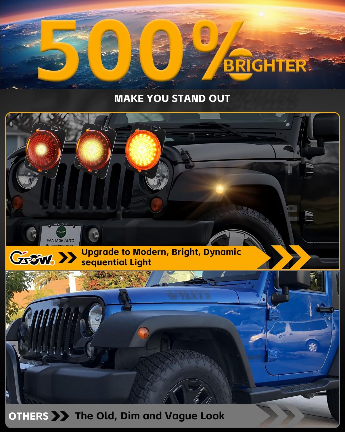 Front Fender LED Sequential Side Marker Lights for 2007-2019 J-e-e-p Wrangler JK, Clear Lens Side Bumper Marker Lamps, Amber Lighting LED Side Markers Turn Signal Lights, 2 PCS