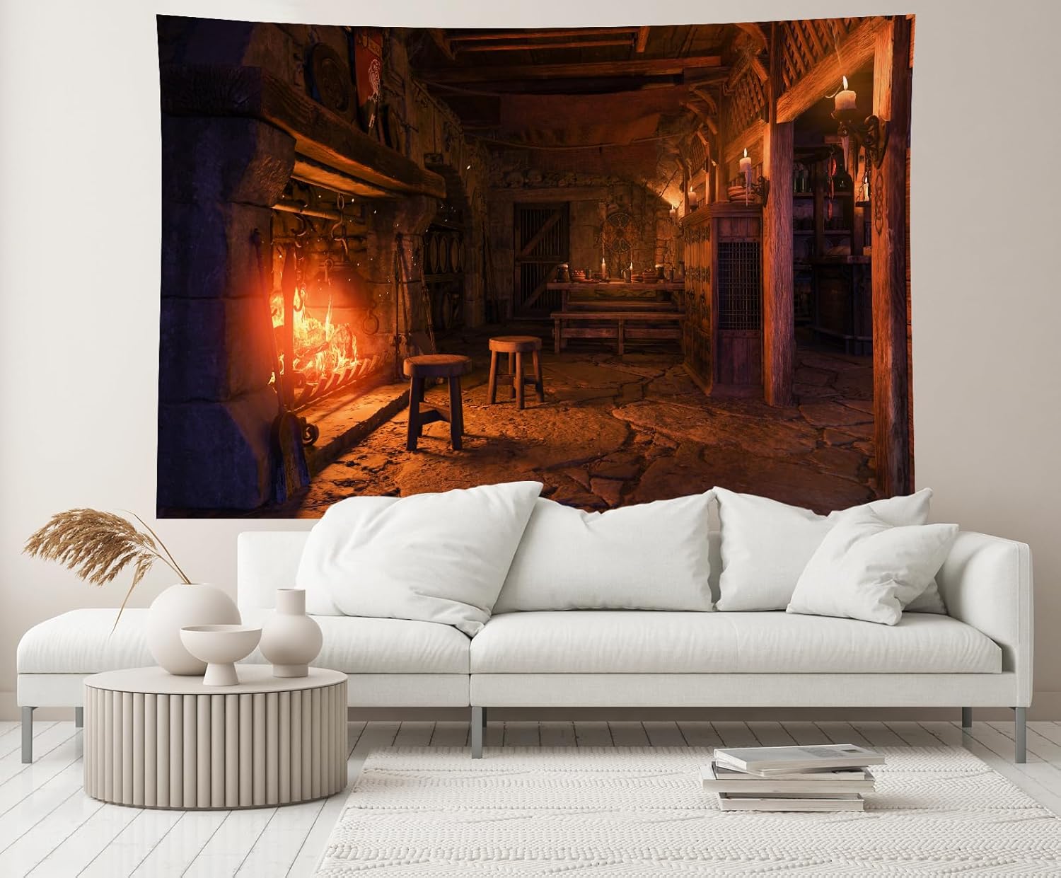 CHNYWORK 118x78 Inches Medieval Tavern Tapestry Vintage Pub Fireplace Candles Ancient Tavern Inn Bar Restaurant Wooden Interior Wall Hanging Living Room Bedroom Aesthetic College Dorm Wall Decor