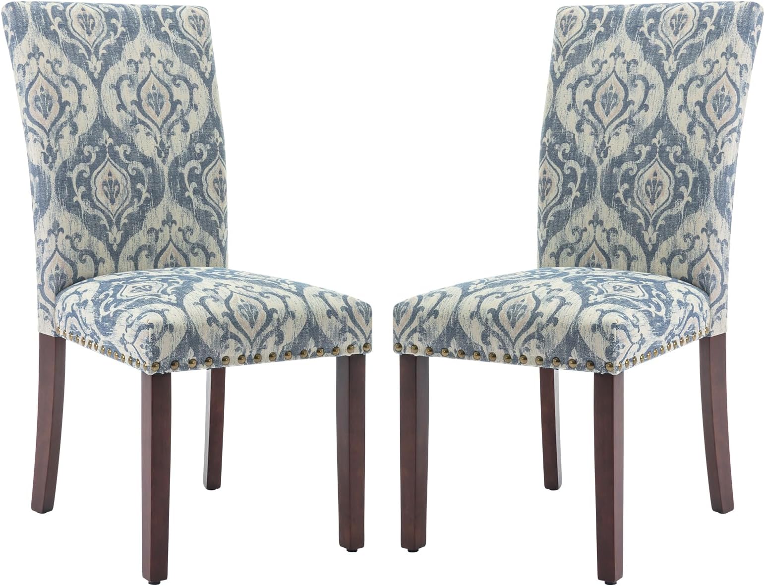 Upholstered Parsons Dining Chairs Set of 2, Fabric Dining Room Kitchen Side Chair with Nailhead Trim and Wood Legs - Blue/White Flower