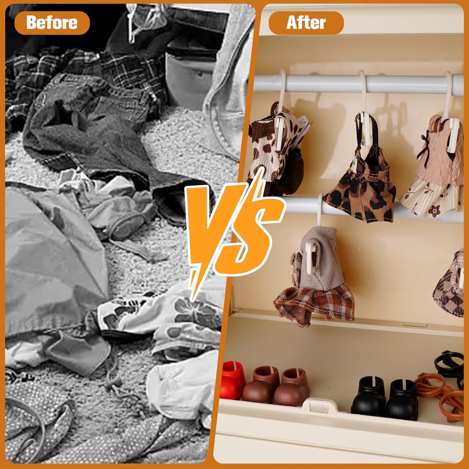 Foldable Doll Wardrobe Large Capacity Stand Compatible 10 Hangers, Rod & Support, Dust-Resistant Stackable Organizer Cabinet Storage Box for 15/17cm Doll Clothes Shoes Accessories