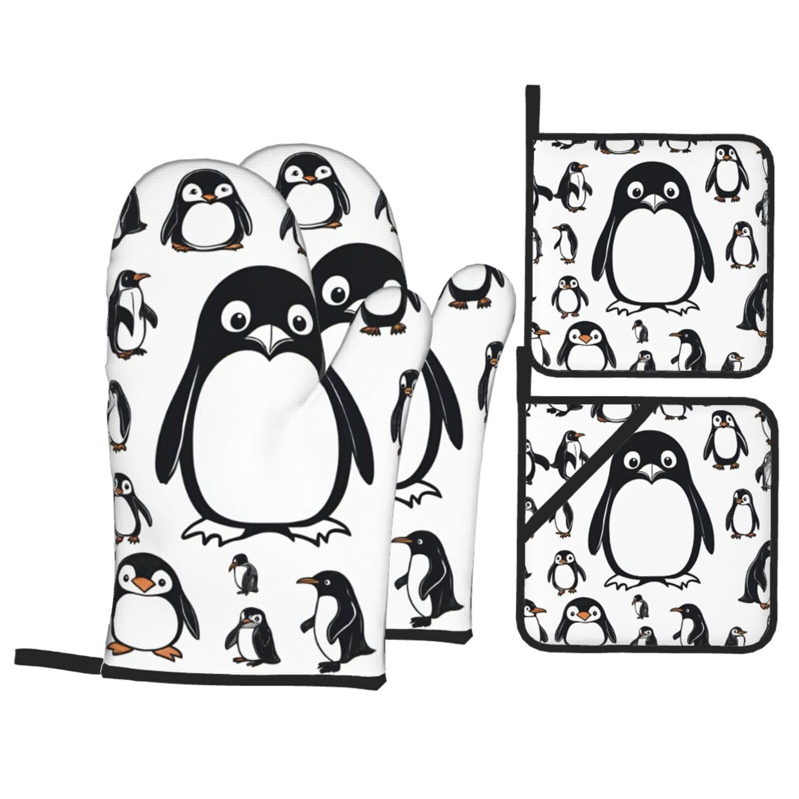 Cute Penguin Print 4-Piece Oven Microwaving Set Waterproof Kitchen Gloves for Baking Grilling Cooking