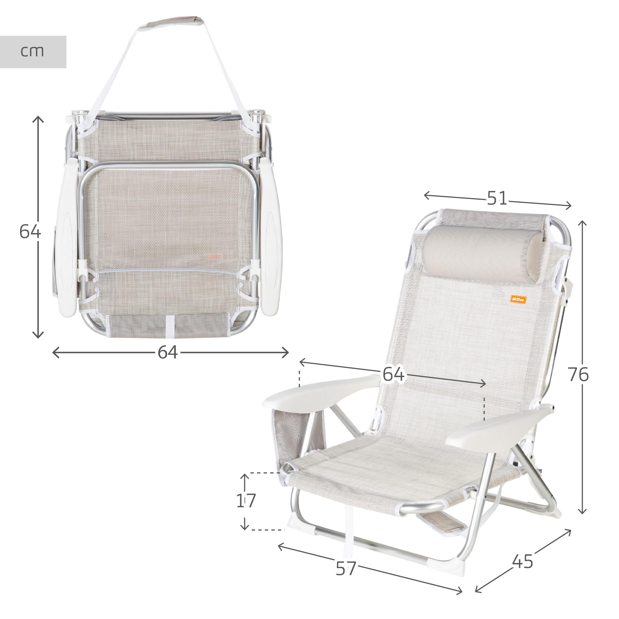 Aktive 62623 - Chaise de plage inclinable, 4 positions, beige, avec poignée de transport, 67 x 67 x 76 cm