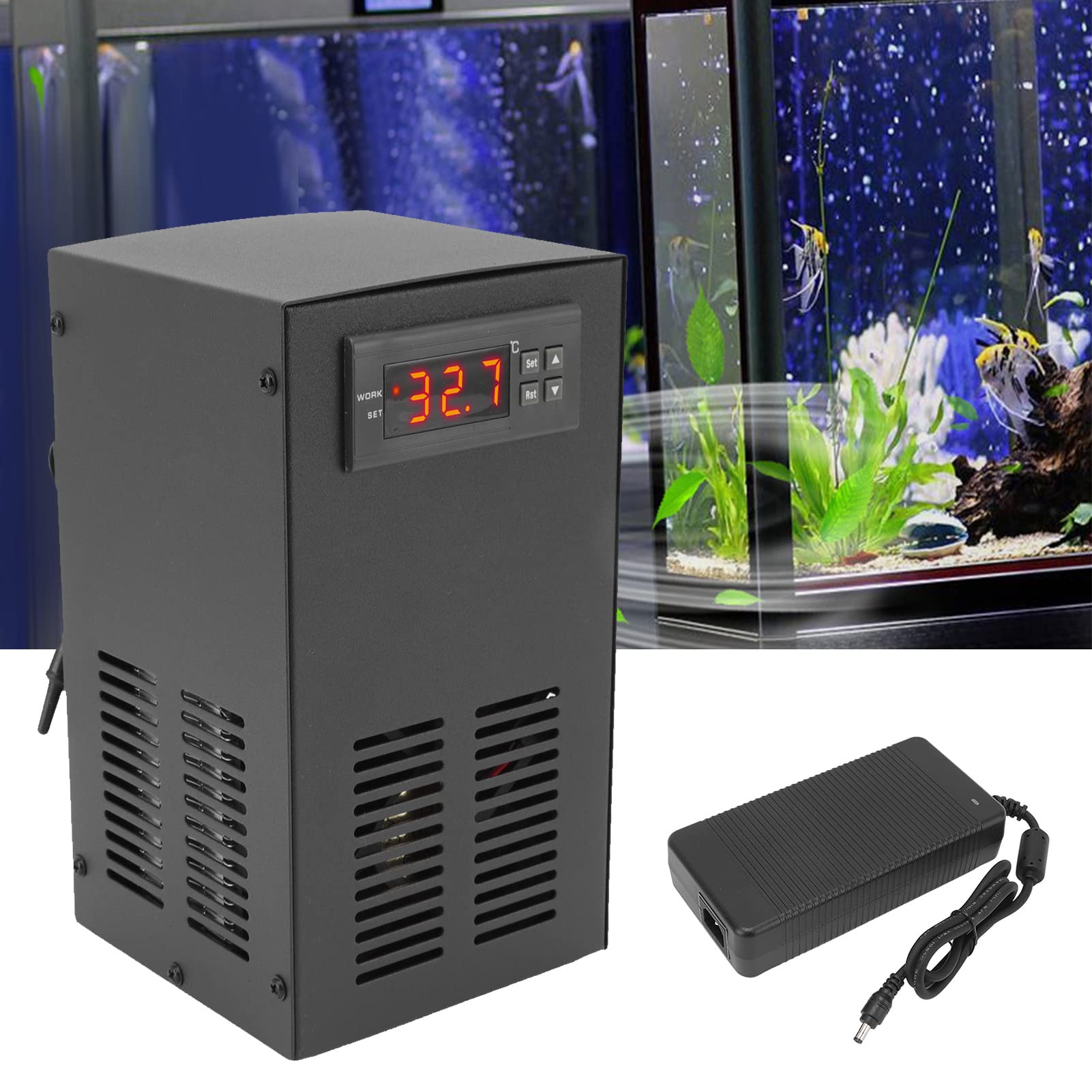 Asixxsix podgrzewacz chłodnicy wody akwarium, 120W Monitorowanie w czasie rzeczywistym Elektryczny chłodnik wodny z adapterem i wężem dla akwarium, zbiornika rybnego (wtyczka UE)