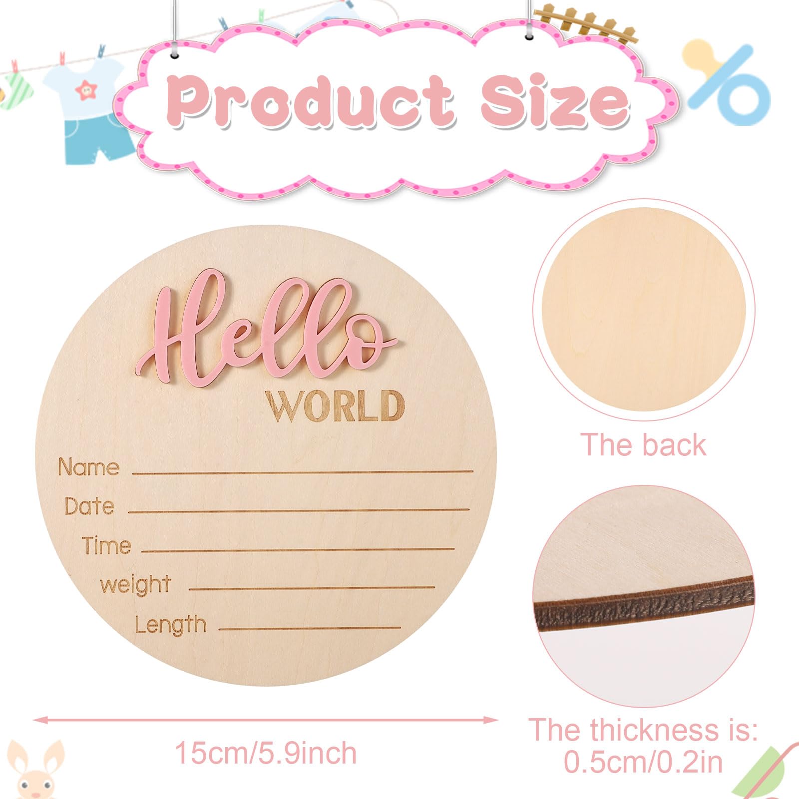 Cartello Annuncio Bambino in Legno 15cm Hello World Carte Milestone Neonato Rosa Chiaro