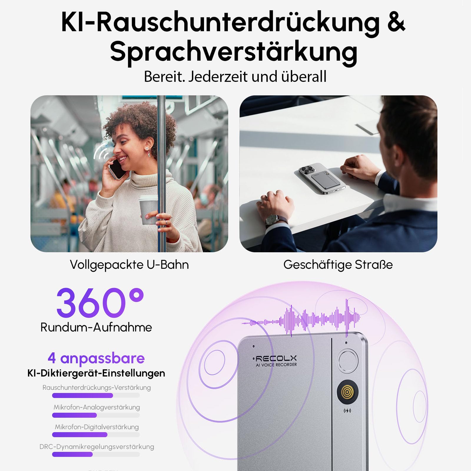 KI Diktiergerät mit Hülle – 64 GB, anskription & Zusammenfassung mit 71 Vorlagen, KI-Analyse, 112 Sprachen, für Meetings & Vorträge