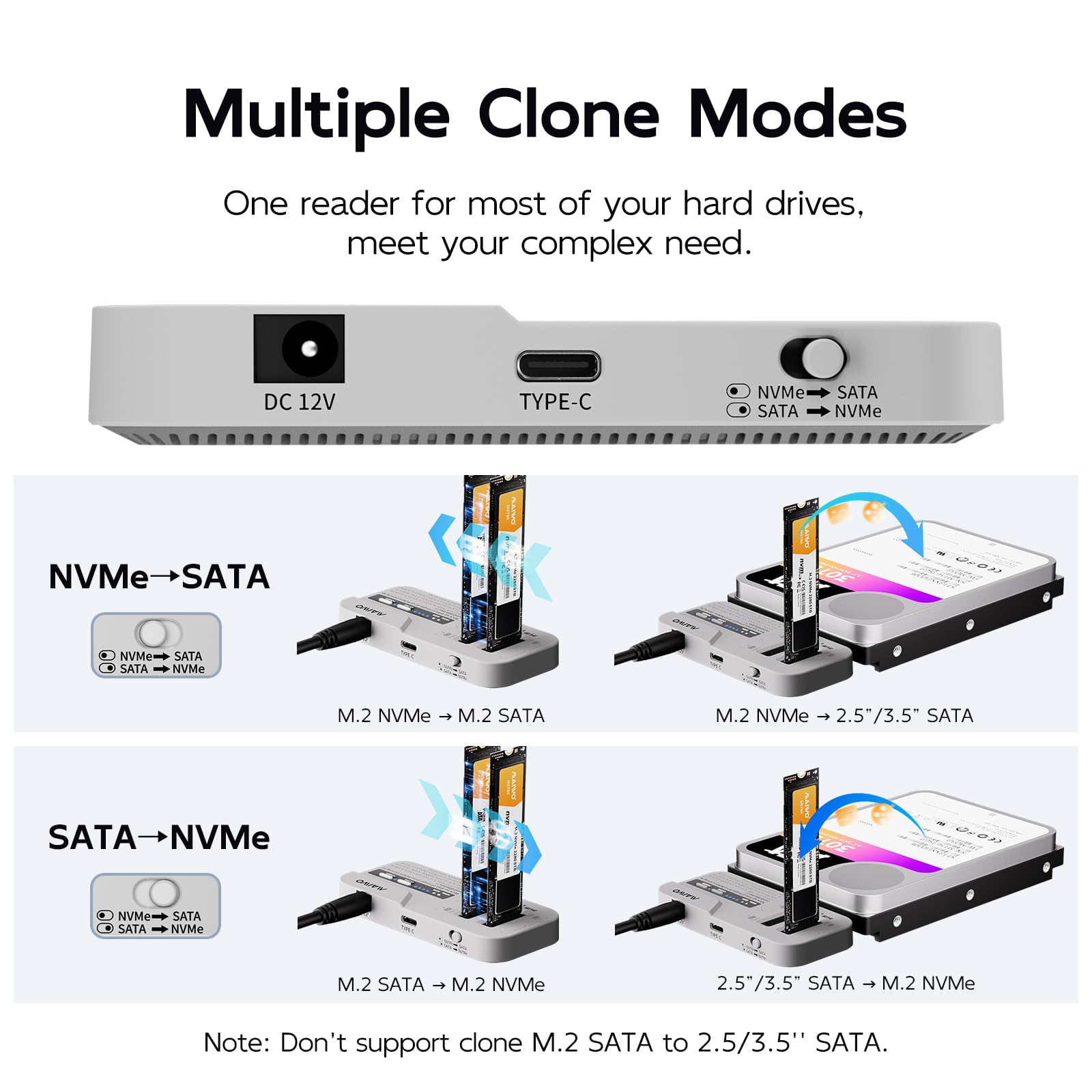 MAIWO M.2 NVMe/SATA e 2.5/3.5" SATA SSD/HDD Docking Station, Cloner per disco rigido per SSD/HDD da 2,5/3,5", adattatore M.2 SSD a USB A C Reader per chiave M Key B + M, USB3.2 Gen2x1 fino a 10 Gbps