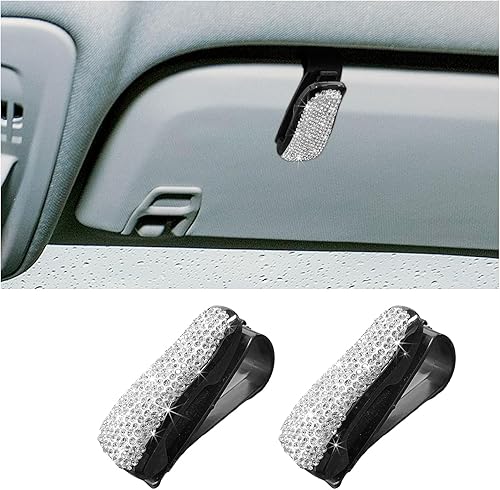 2 soportes brillantes para lentes de sol para visera solar de automóvil, soporte de cristal con clip para tarjeta de boleto, accesorios de