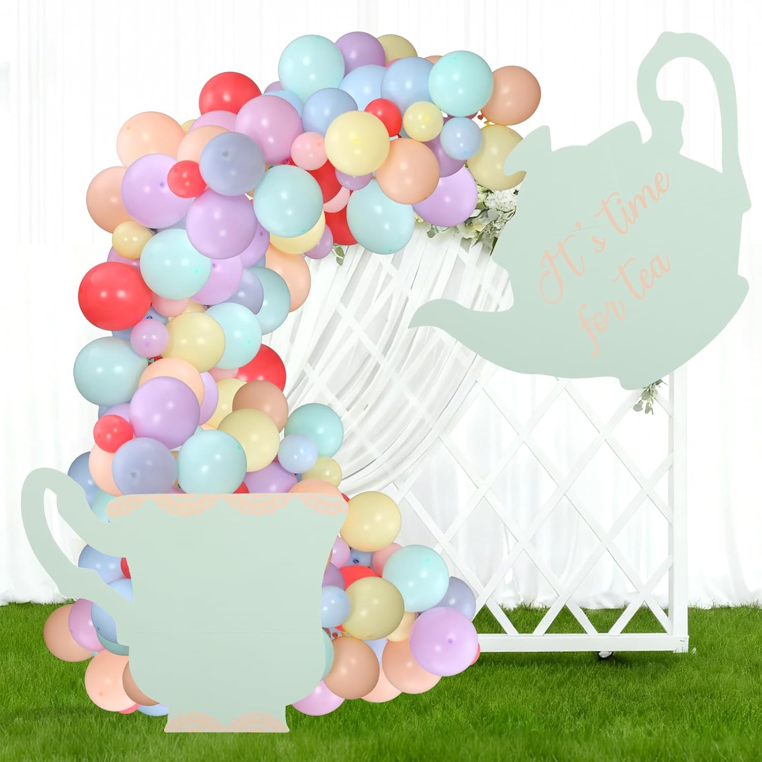 AceOrbit 203 Pcs Tea Party Decorations Balloon Garland Arch Kit 200 Pcs 12" 5'' Macaron Latex Balloons 5ft Balloon Garland Chain 3D Tea Party Cardboard Cutouts Teapot Teacup for Birthday Baby Shower