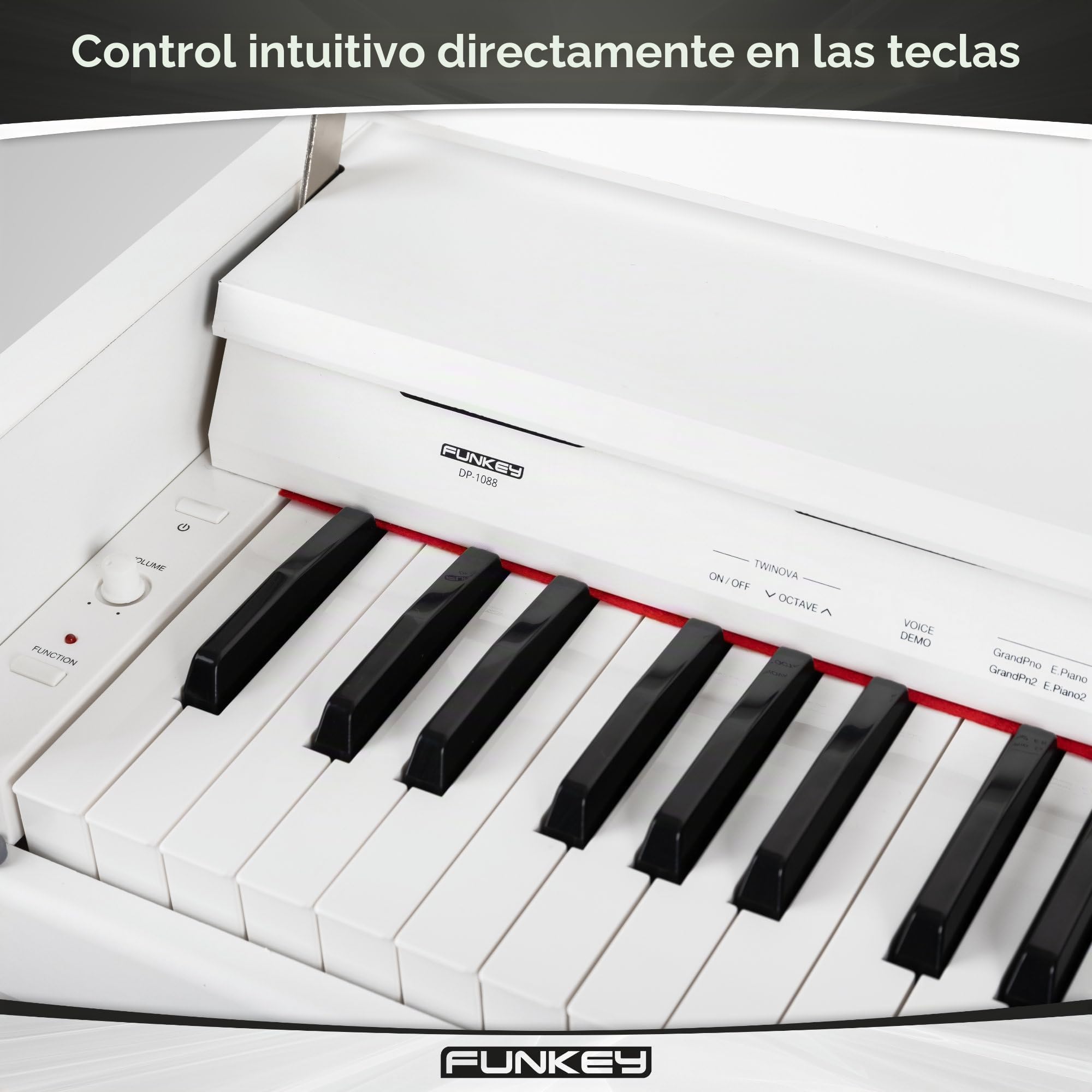 FunKey DP-1088 WM Teclado de piano digital delgado - 88 teclas sensibles a la velocidad y 3 pedales - 20 sonidos - Altavoces estéreo integrados y 2 tomas para auriculares - Blanco mate