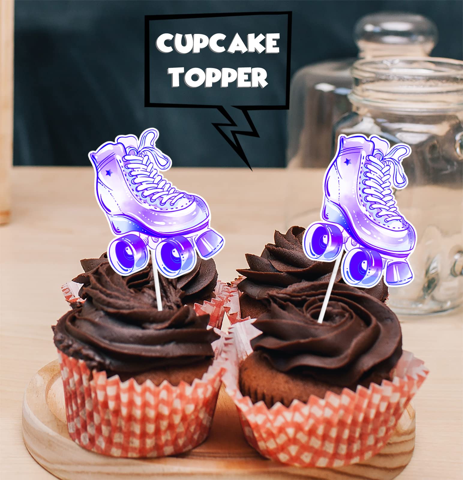 24 Rollschuh-Cupcake-Topper – Blau & Rosa Glitzer, Für 80er/90er Retro-Party, Geburtstag & Hip-Hop-Thema