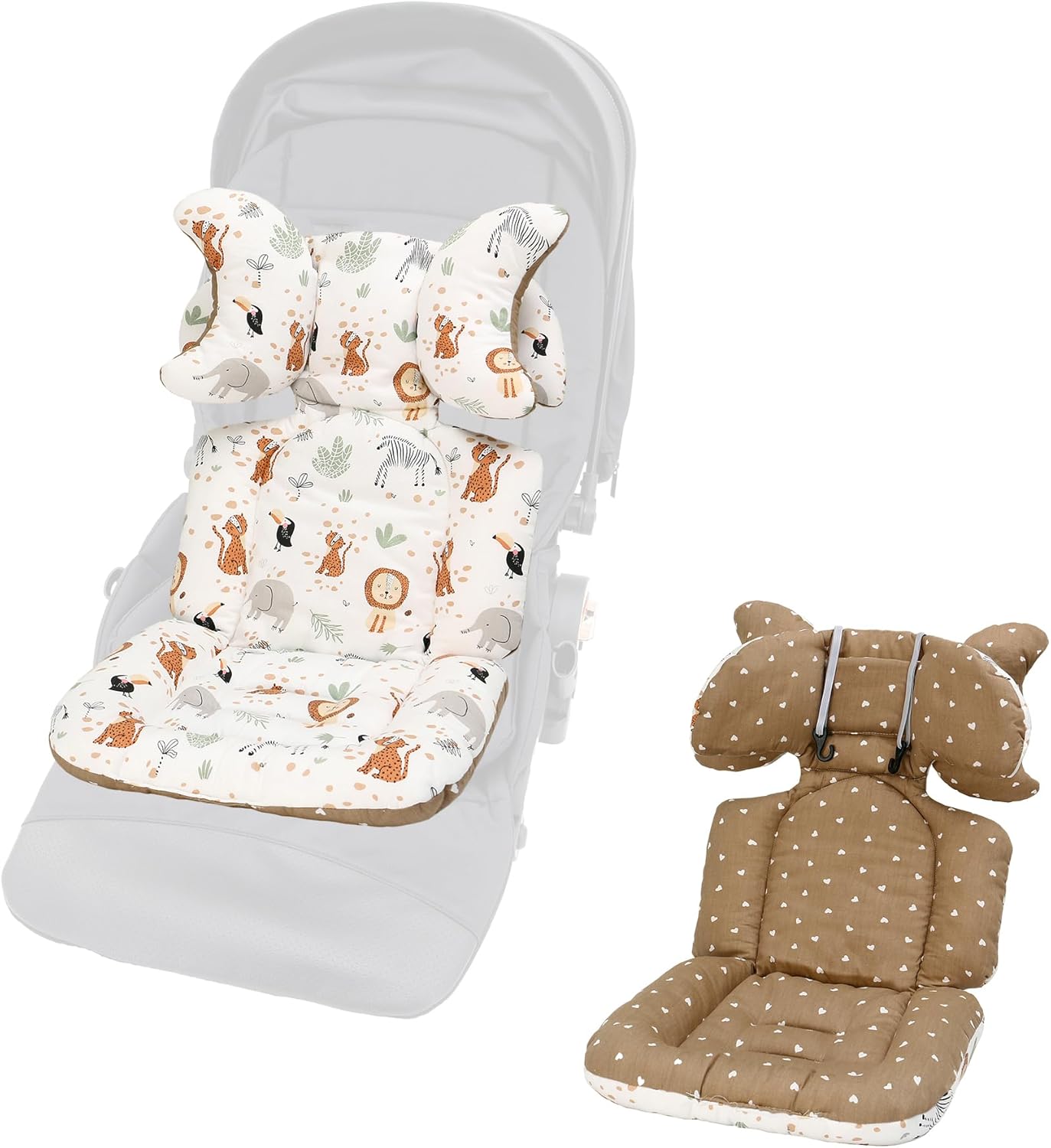 Baby Pushchair Seat Liners,1 Pack Removable Stroller Cushion Seat Liner,Universal 100% Cotton Pram Insert Pad,Pushchair Seat Covers Thick for Pram Buggy Baby Carriage,Toddler Infant(Animal+Brown Dots)