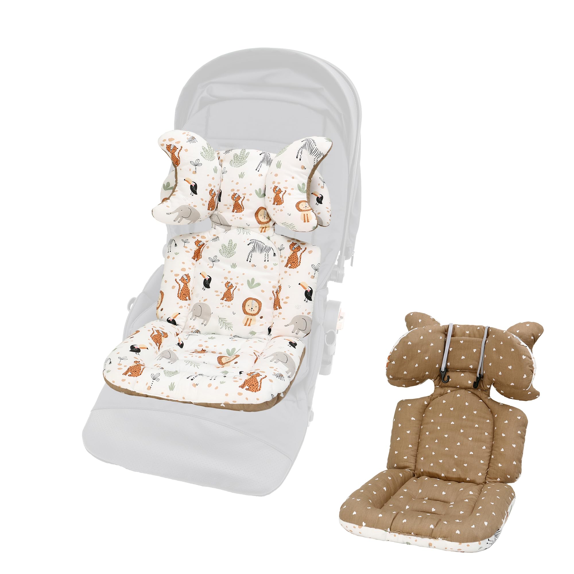 LAT Coussin Poussette Universelle, Réversible Coussin de Siège pour Poussette, Respirant Matelas Poussette Universelle, Reducteur Siege Auto Bebe Universel avec Appuie-tête Amovible (Animaux)