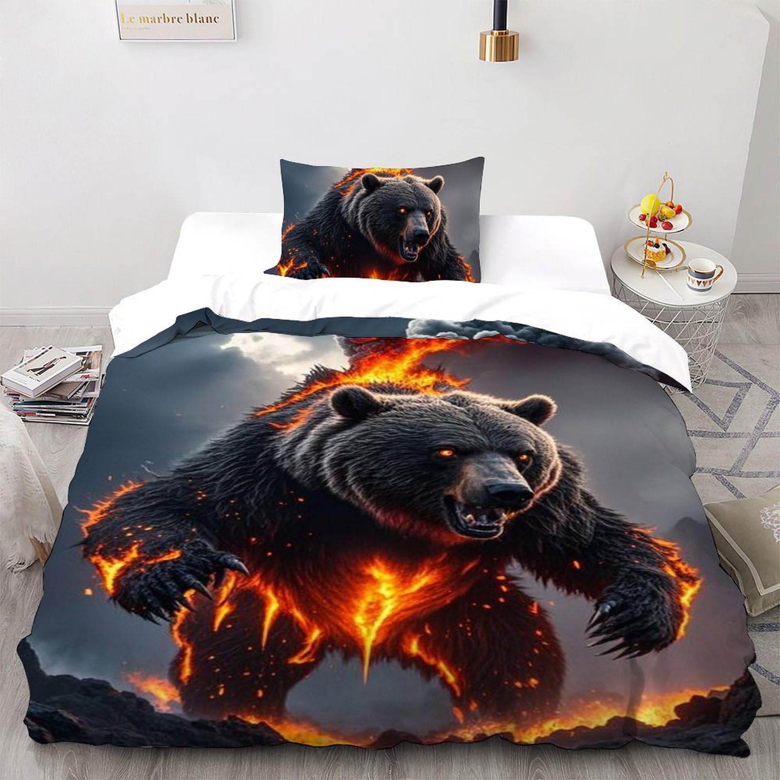Housse de couette single animaux Flame Bear en microfibre 135x200cm pour lit enfant avec zip