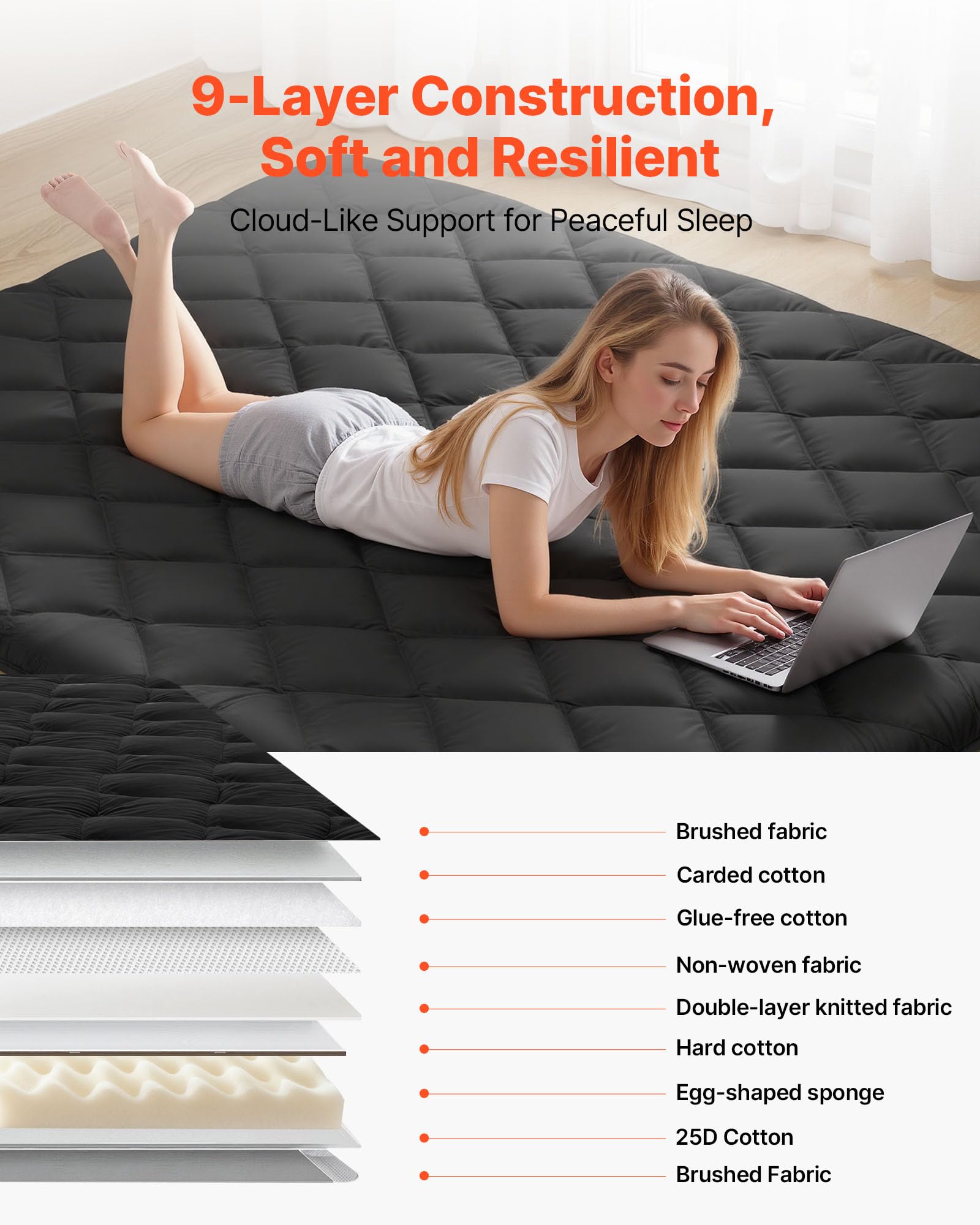VEVOR 9-warstwowy japoński materac futon, grubość 8,9 cm, mata, składany zwijany materac do spania, z torbą do przechowywania, przenośny materac podłogowy, na kemping, do akademika, jogi, czarny