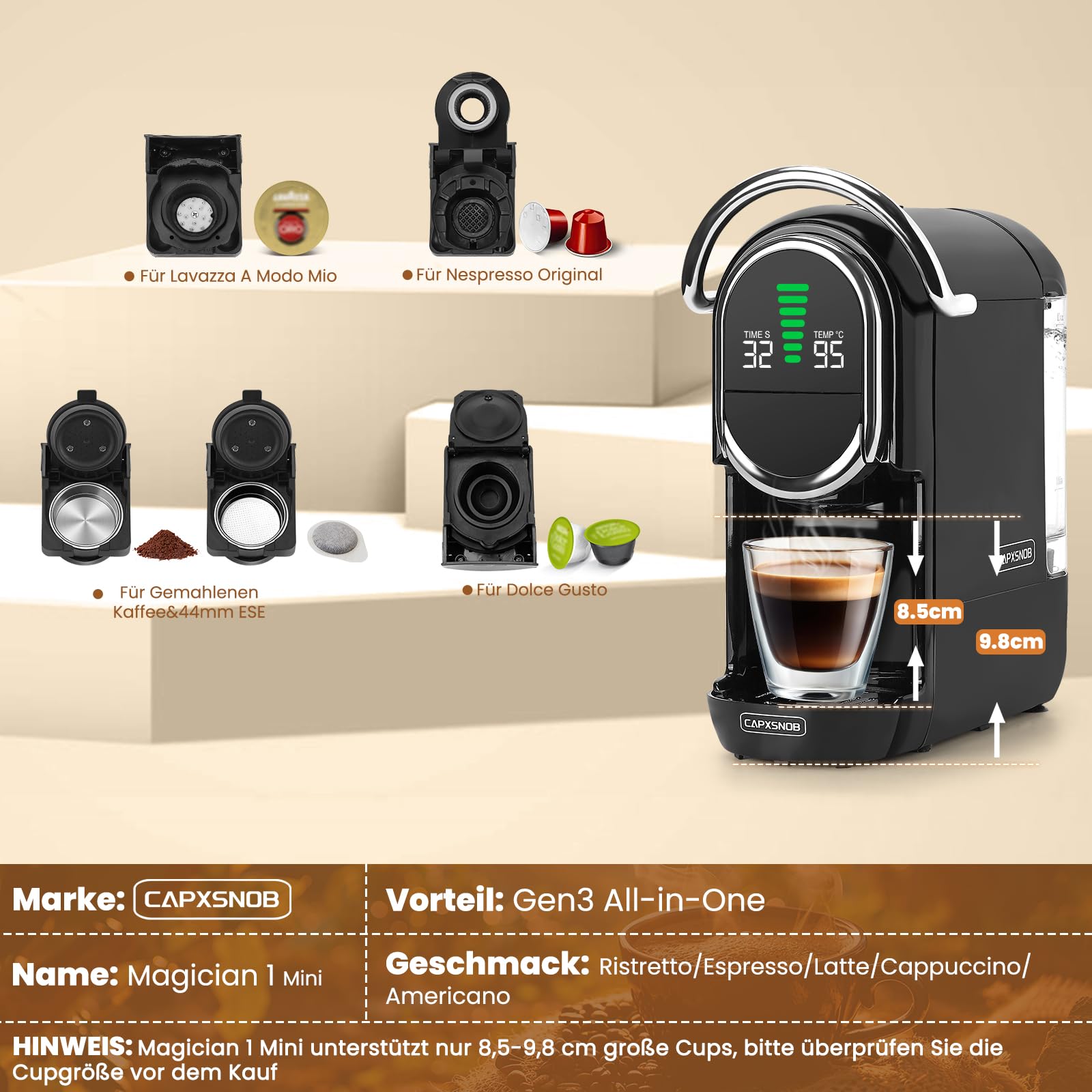 Magician1 Mini 5in1 Kapselmaschine 20bar 1450W LED-Display 7 Wasserstufen Heiß-Kalt-Modus Kaffeemaschine