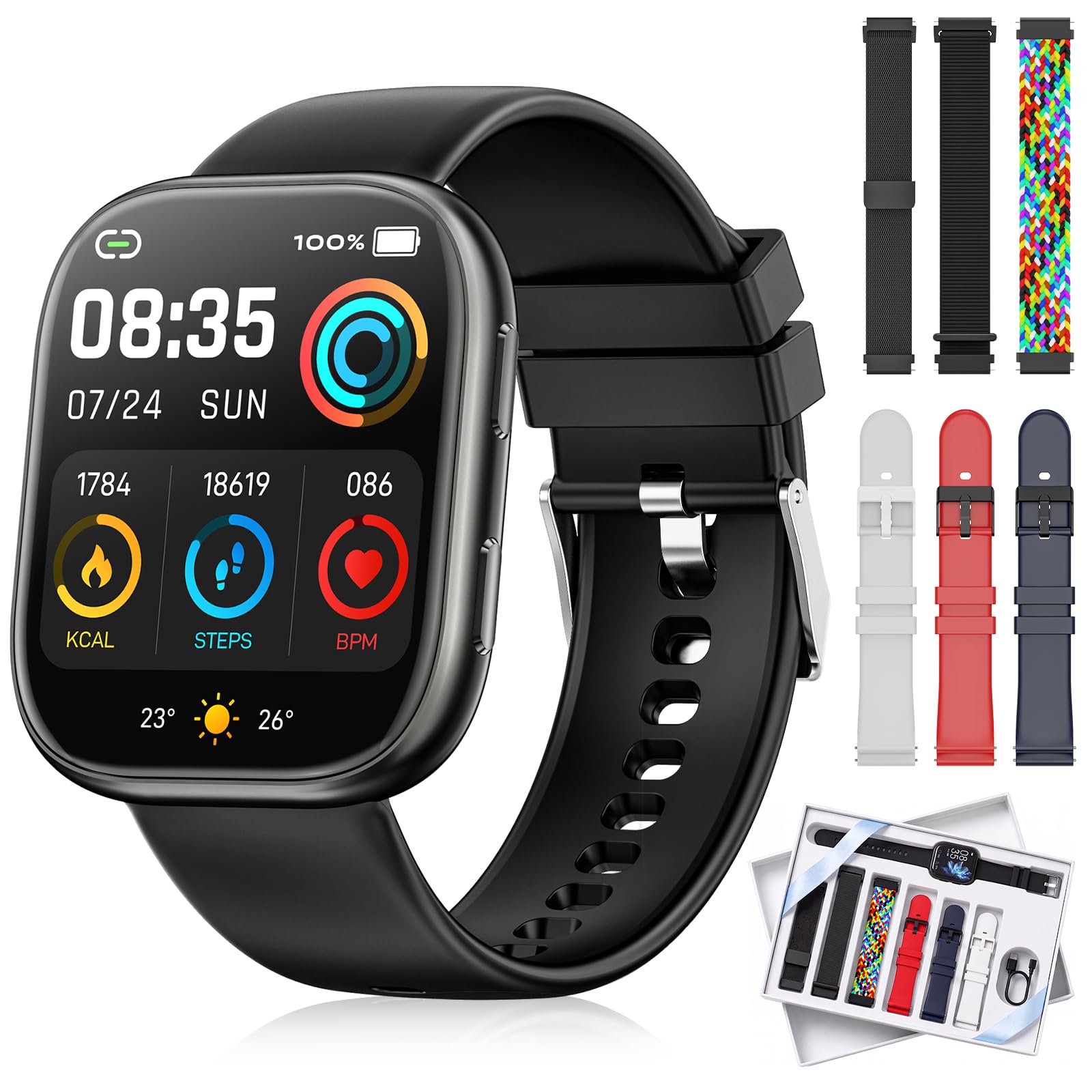 Smartwatch Damen Herren mit 7 Armbänder & Geschenkbox, 1.83" HD Smartwatch mit Bluetooth-Anruf, Fitness Tracker mit Pulsmesser Schlafmonitor Schrittzähler, IP68 Wasserdicht, 100+Sportmodi Schwarz
