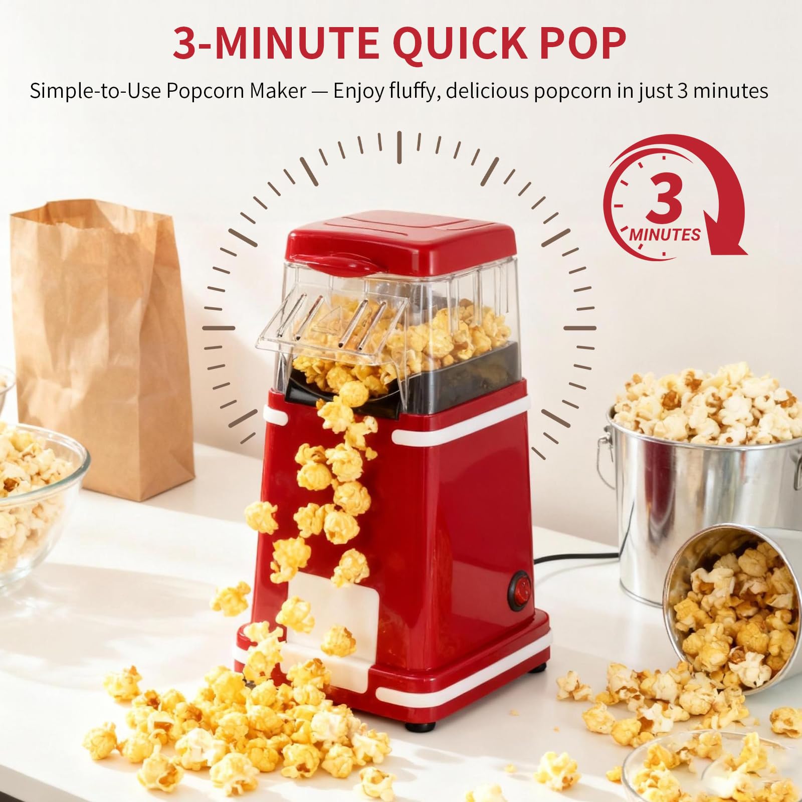 Cozary Macchina Popcorn, Macchina Per Popcorn ad Aria Calda Da 1200 W Con Misurino, One-Touch,Senza Grassi, 2 Minuti Veloce, per il Cinema Casa, le Serate Cinematografiche,Natale, le Feste,Retro