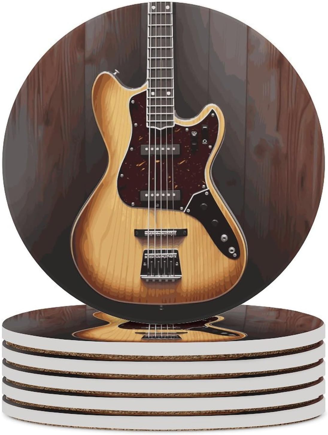 6PCS Guitar Musical Instrument Coasters Non-Slip Round Drink Coasters with Ceramic Stone and Cork Base, Heat Resistant Absorbent 33.00Stone Coaster Set for Kinds of Mugs and Cups, 4 Inch