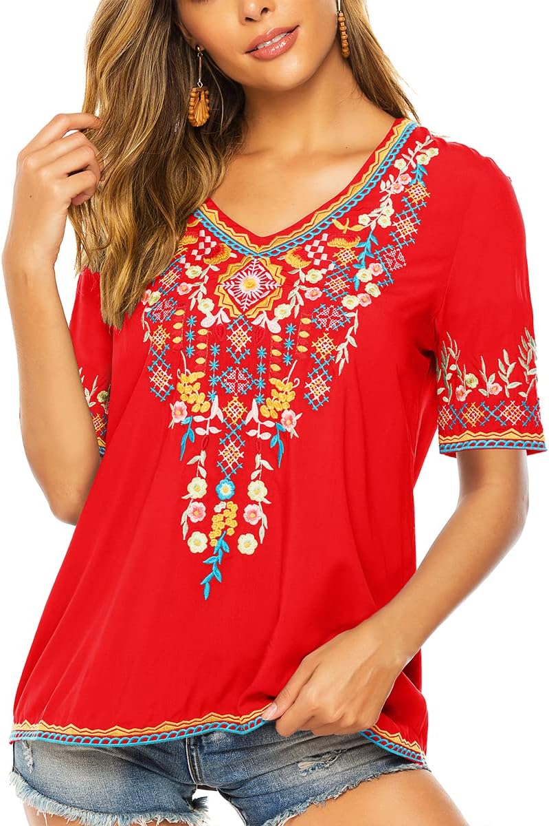 LauraKlein Women’s Mexican Embroidered Tops for Women Boho Blouse for Women Summer Short Sleeve Floral Hippie Shirts Tunics - Image 2