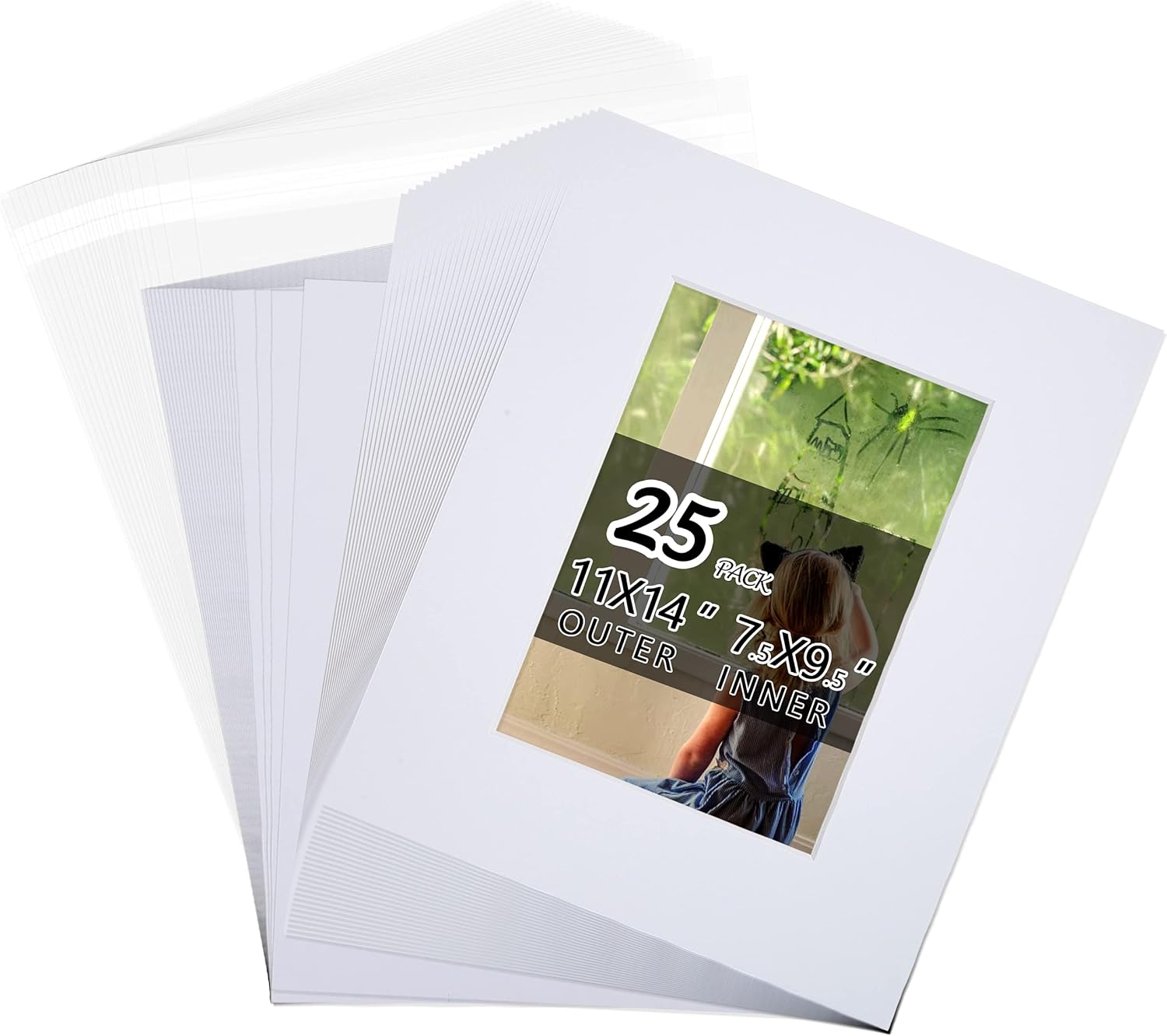 Falling in Art Acid Free 25 Pack 11x14 Pre-Cut Mat Board Show Kit for 8x10 Photos, Prints or Artworks, 25 Core Bevel Cut Matts and 25 Backing Boards and 25 Crystal Plastic Bags, White