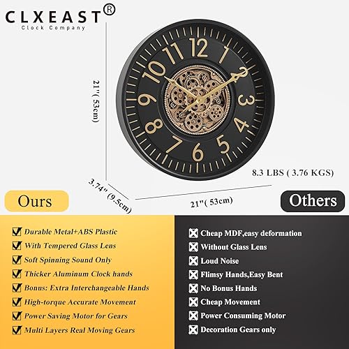 Miniatura 3 de CLXEAST Reloj de pared de engranaje móvil de 21 pulgadas, relojes de pared grandes con números arábigos regulares para decoración de sala de estar,