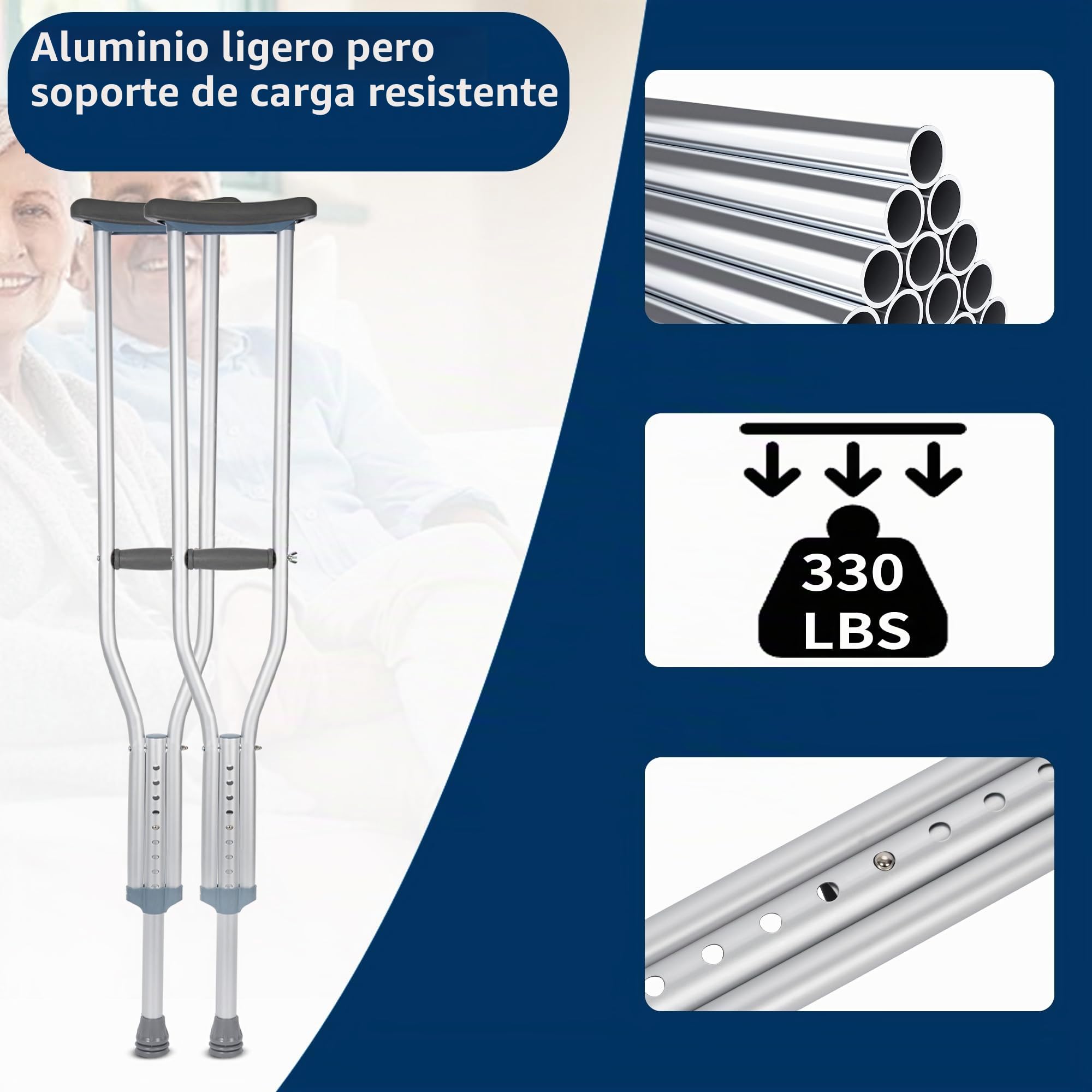 Muletas axilares para adultos, 2 unidades, muletas de altura ajustable para hombres y mujeres, muletas resistentes que soportan 150 kg (330 libras), muleta de aluminio ligera con asas acolchadas y