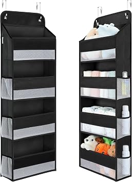 Yecaye 1 Pack Over the Door Organizer, 35.2lbs Load Toy Stuffed Animal Storage, Large Capacity Swing-proof Hanging Bathroom Organizers and Storage for Nursery Newborn Baby Essential Stuff Black