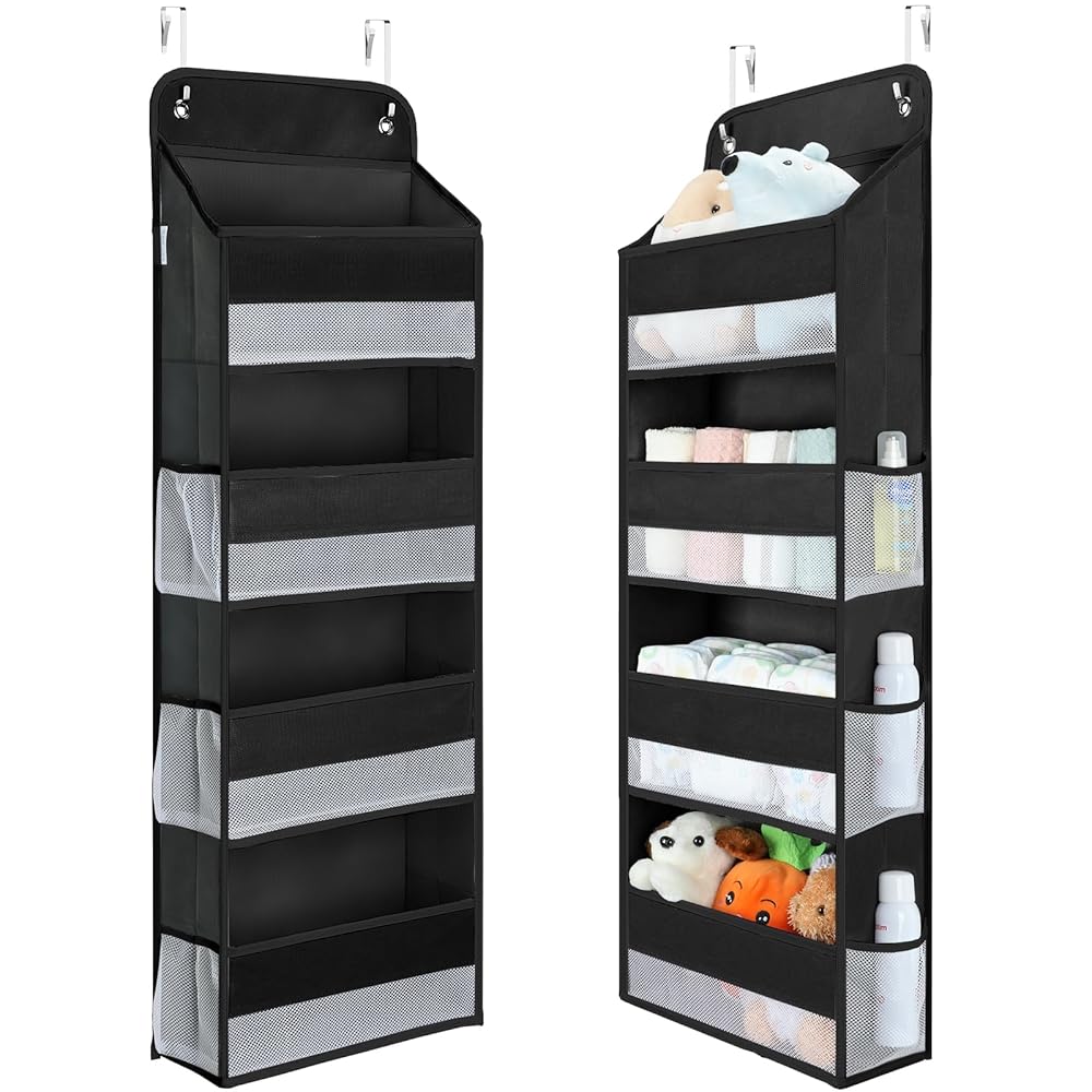 Yecaye 1 Pack Over the Door Organizer, 35.2lbs Load Toy Stuffed Animal Storage, Large Capacity Swing-proof Hanging Bathroom Organizers and Storage for Nursery Newborn Baby Essential Stuff Black
