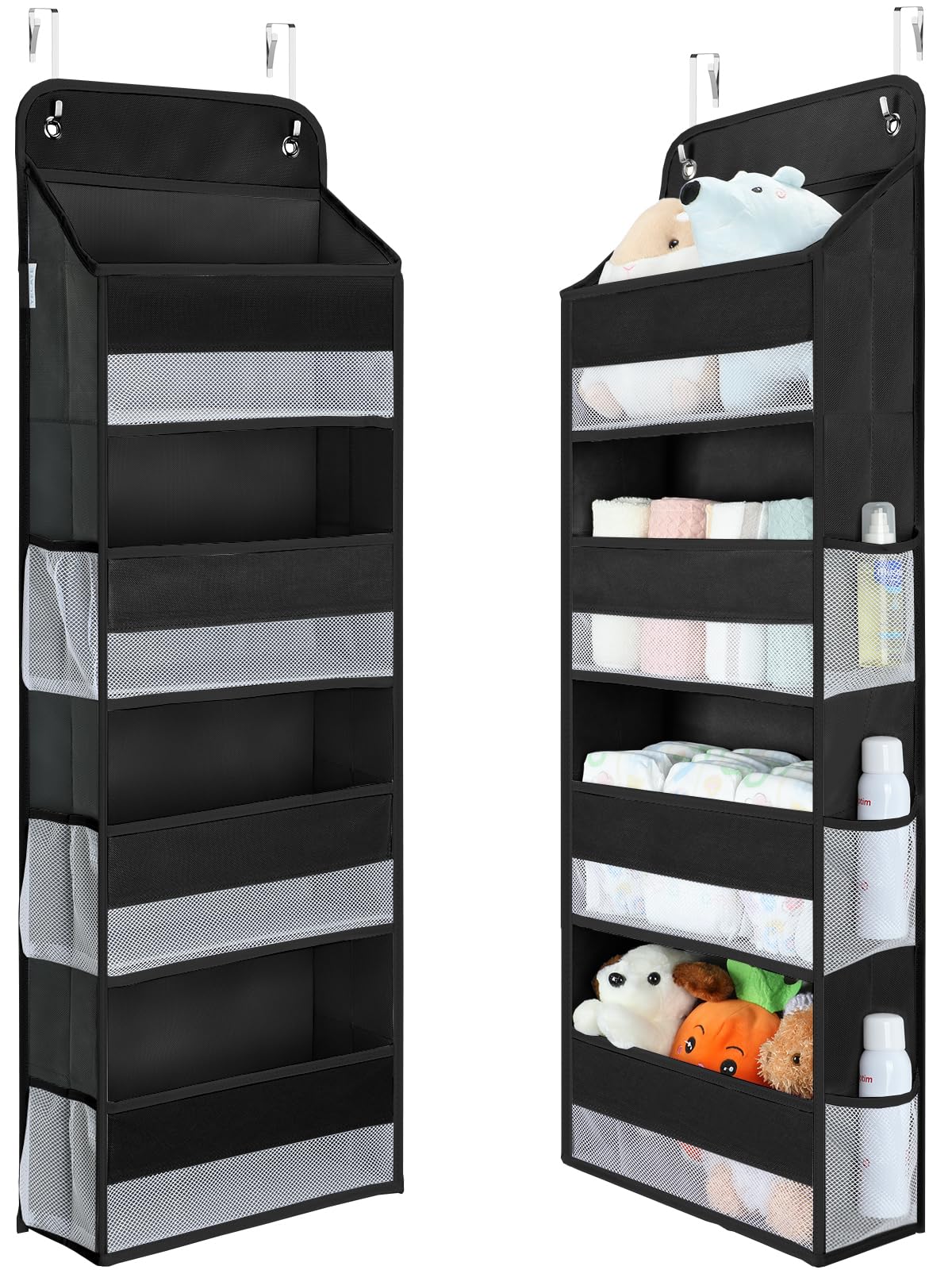 Yecaye 1 Pack Over the Door Organizer, 35.2lbs Load Toy Stuffed Animal Storage, Large Capacity Swing-proof Hanging Bathroom Organizers and Storage for Nursery Newborn Baby Essential Stuff Black
