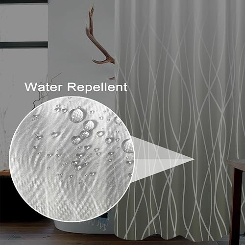 Miniatura 75 de Cortina de ducha pequeña a rayas gris claro degradado para baño, 36 x 72 pulgadas, juego de cortina de ducha geométrica para cabina de RV con Gris
