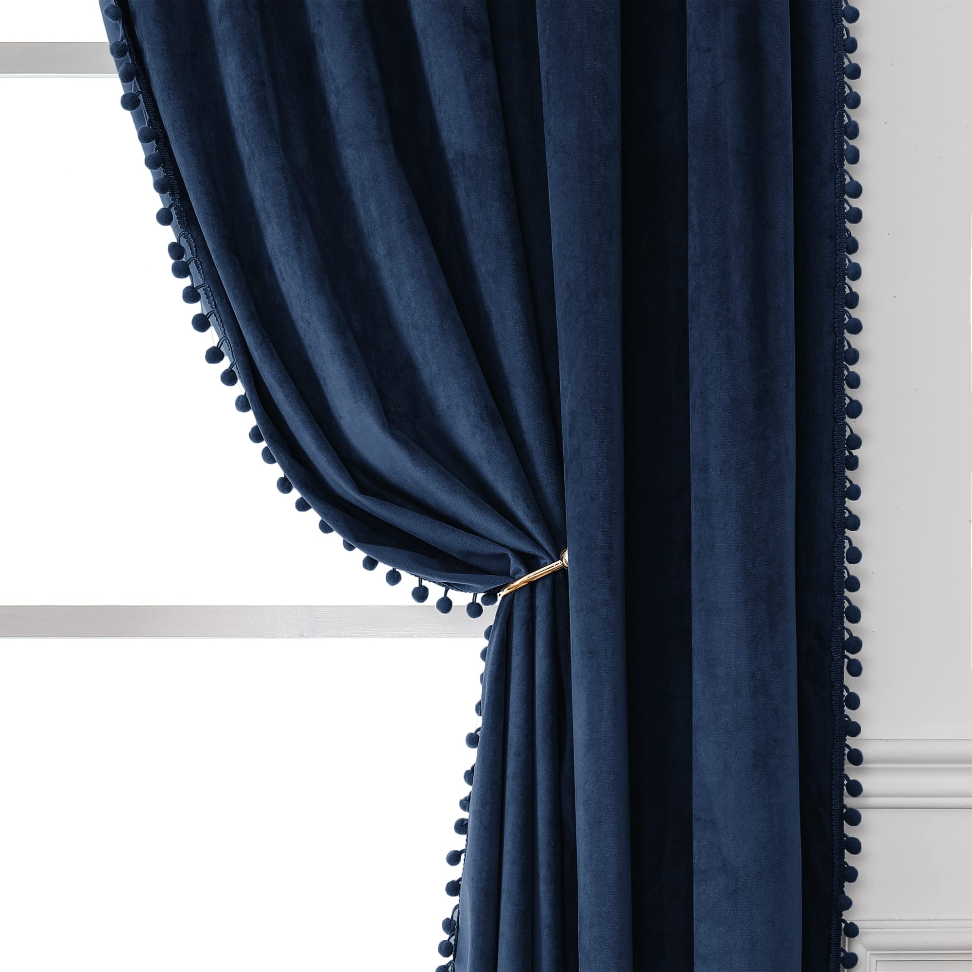 Victree Pom Pom Velvet Curtains for Bedroom, Blackout Curtains 52 x 108 inch Length - Room Darkening Sun Light Blocking Rod Pocket Window Drapes for Living Room, 2 Panels, Navy — image 1