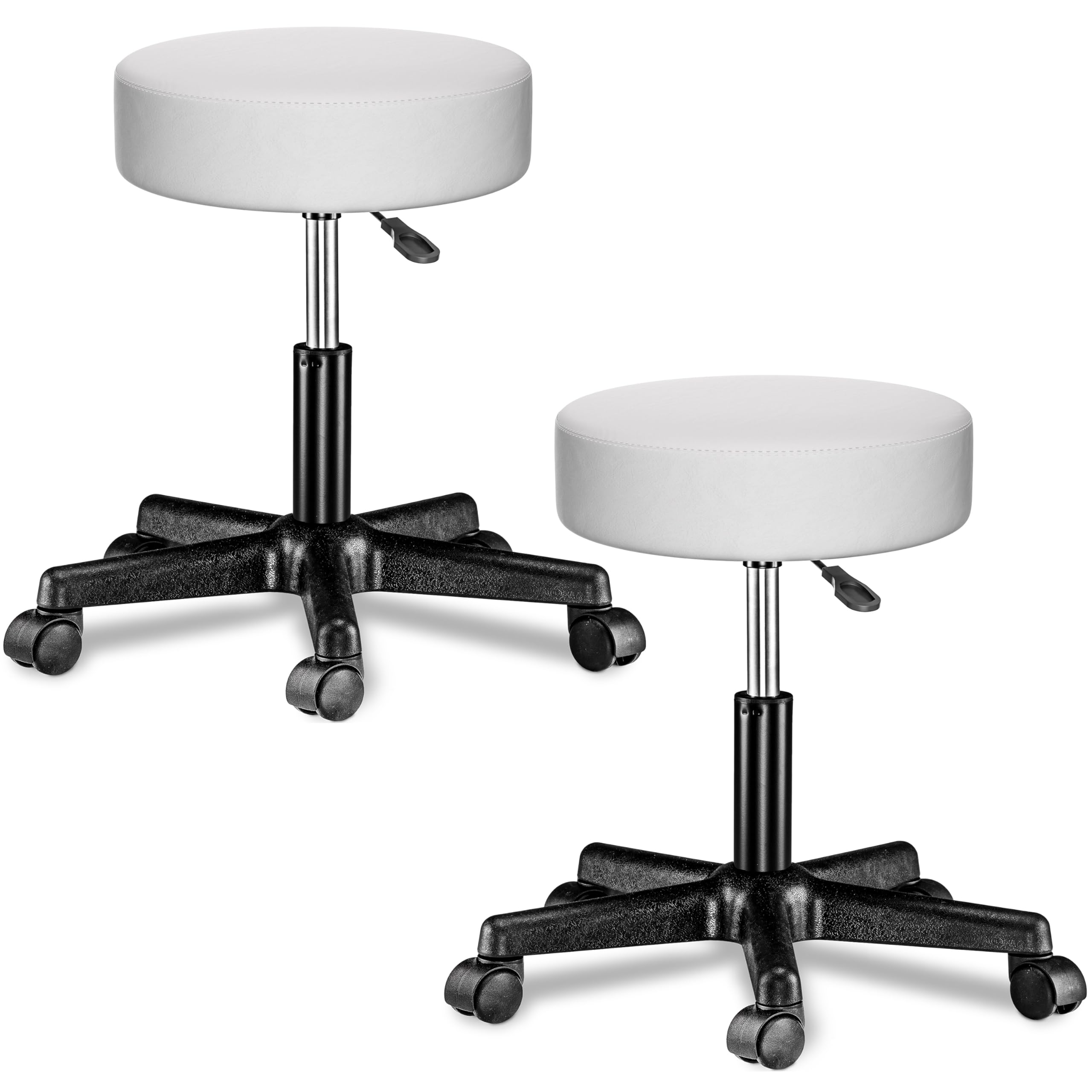 CASARIA® Rollhocker Höhenverstellbar 2er Set 10cm Polsterung 46-60cm Höhe 360° Drehbar Ø35cm Rund Rollen Bürohocker Drehhocker Arbeitshocker Stuhl Weiß