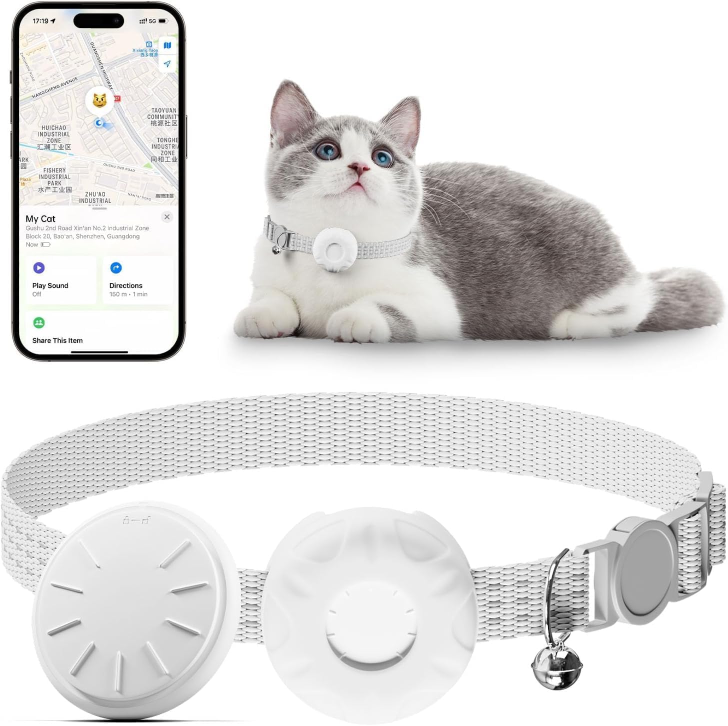 Cat Tracker Collar,No Monthly Fee Waterproof Pet Tracker for Cats with Safety Elastic Buckle,Works with Any Collar,Compatible with Apple Find My App not for Android,White